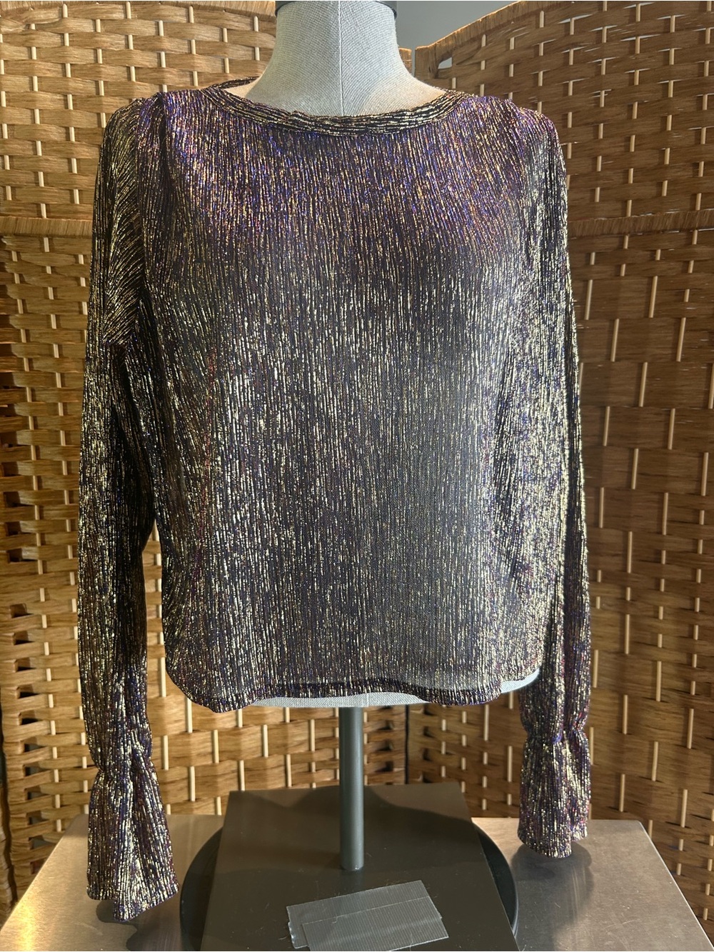 Zara Metallic Sheer Gold Black Blouse Long Sleeve Party Holiday Top M NWT